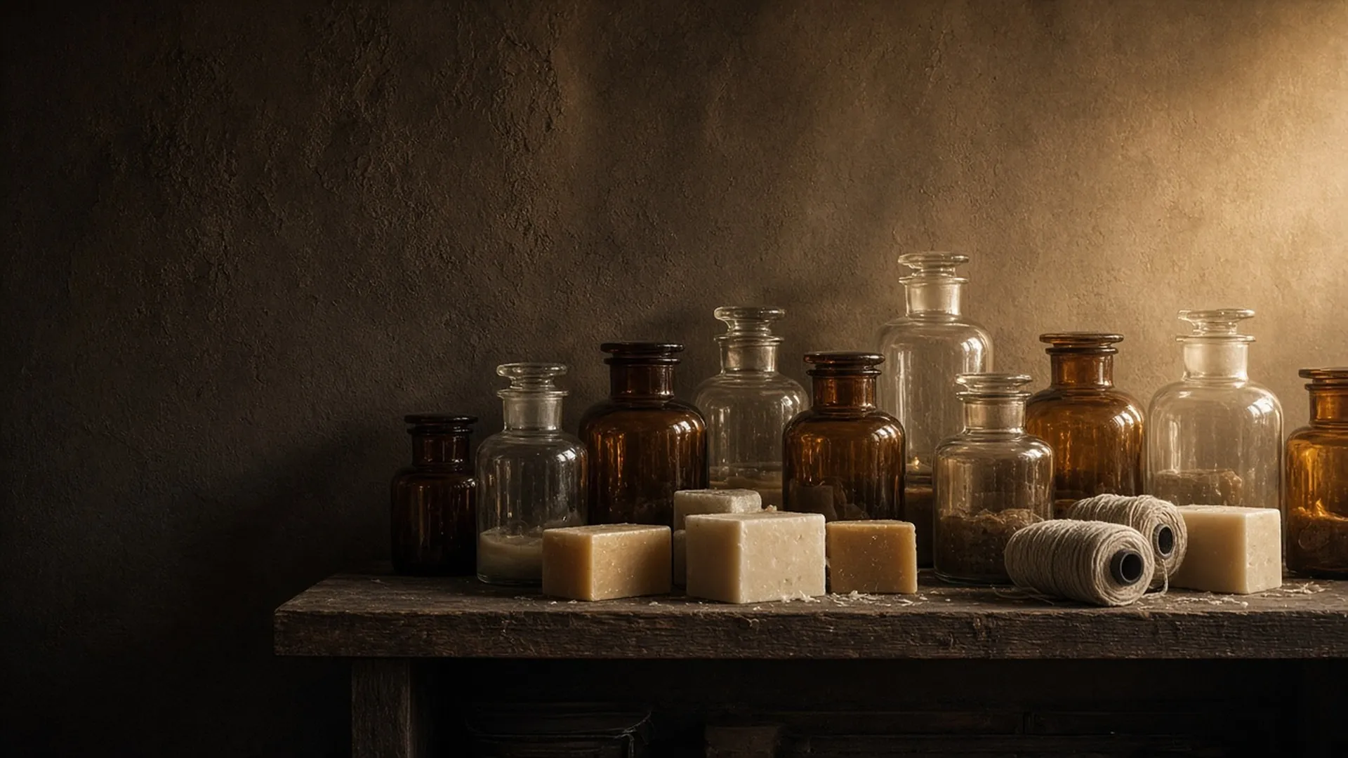 A long apothecary shelf of unlabeled amber and clear glass jars