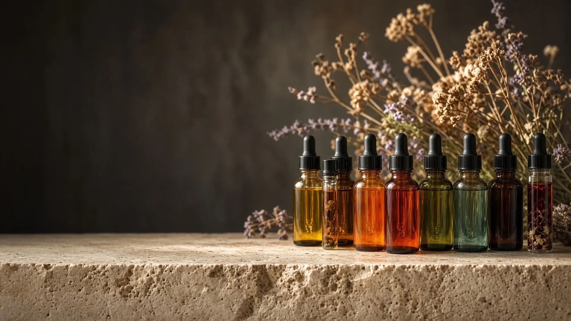 Small unlabeled amber dropper bottles and glass vials of colored candle dye in a row on a travertine ledge