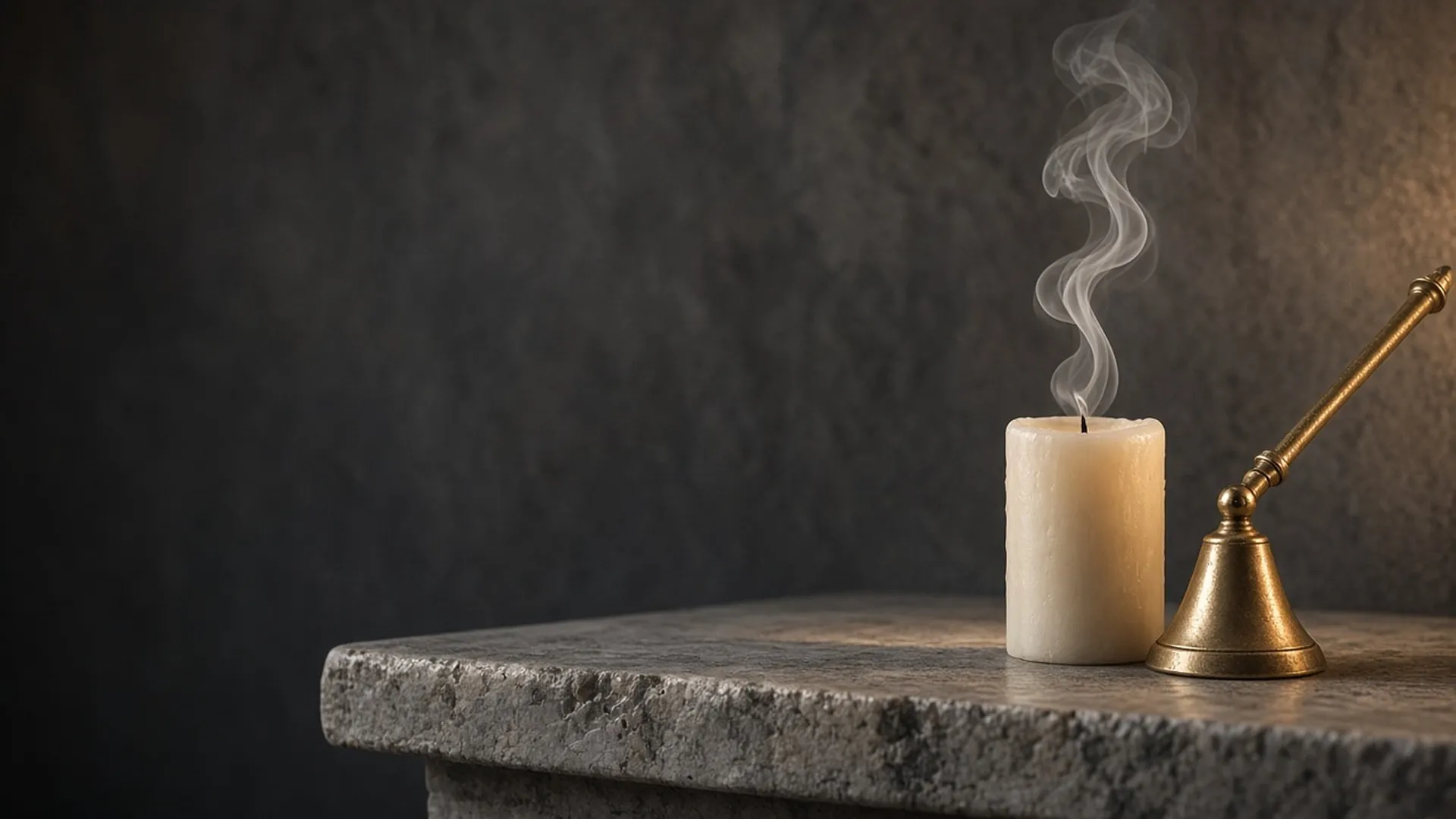 A single extinguished pillar candle with a thin curl of smoke beside a brass snuffer on a stone mantel