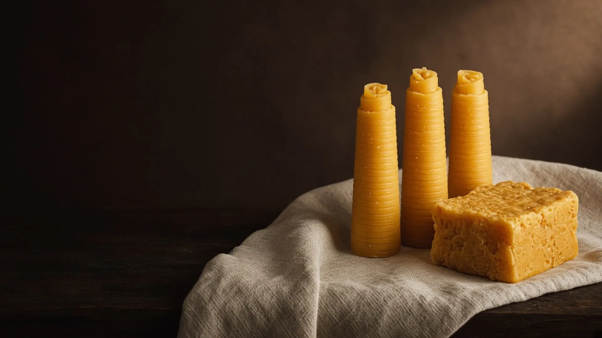 Rolled honey-colored beeswax tapers and a raw beeswax block on a linen runner