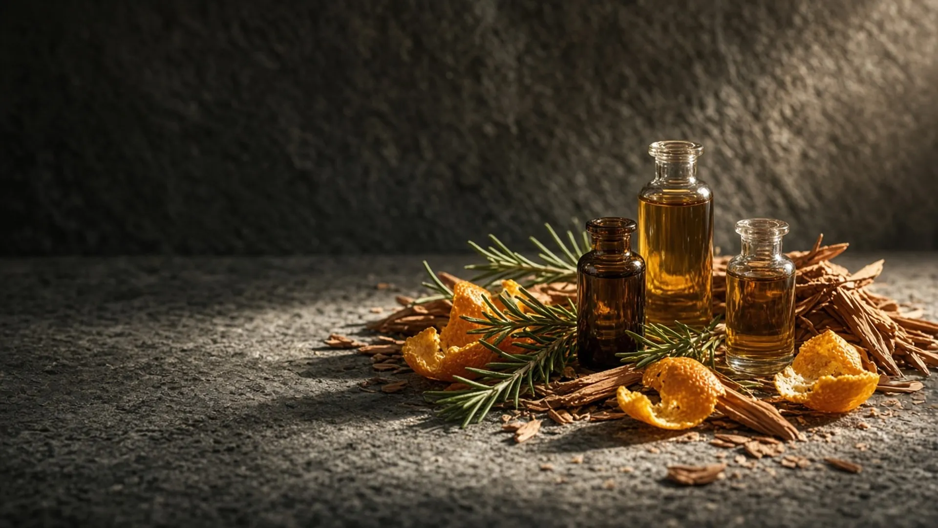 Small unlabeled glass bottles of essential oil among citrus peel