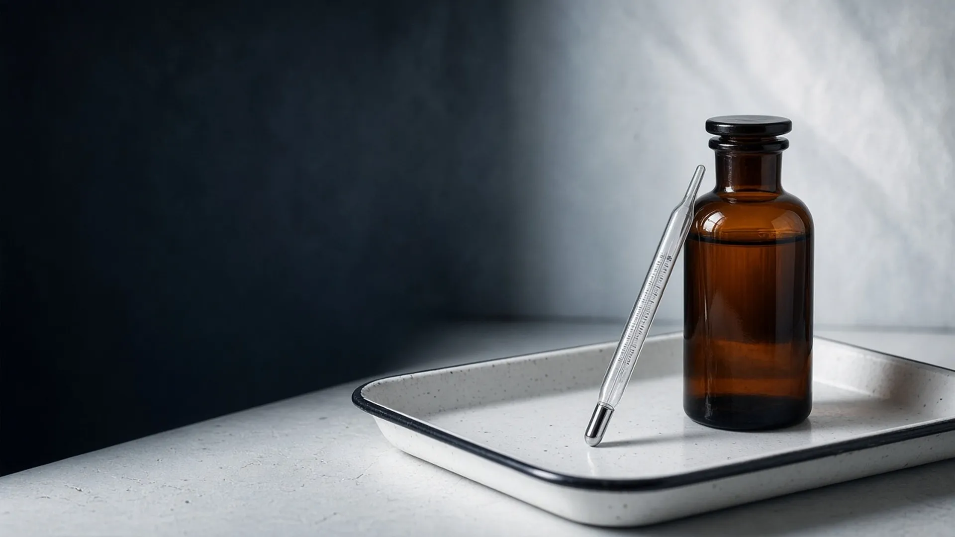 A glass laboratory thermometer resting beside a closed unlabeled amber bottle on a white enamel tray