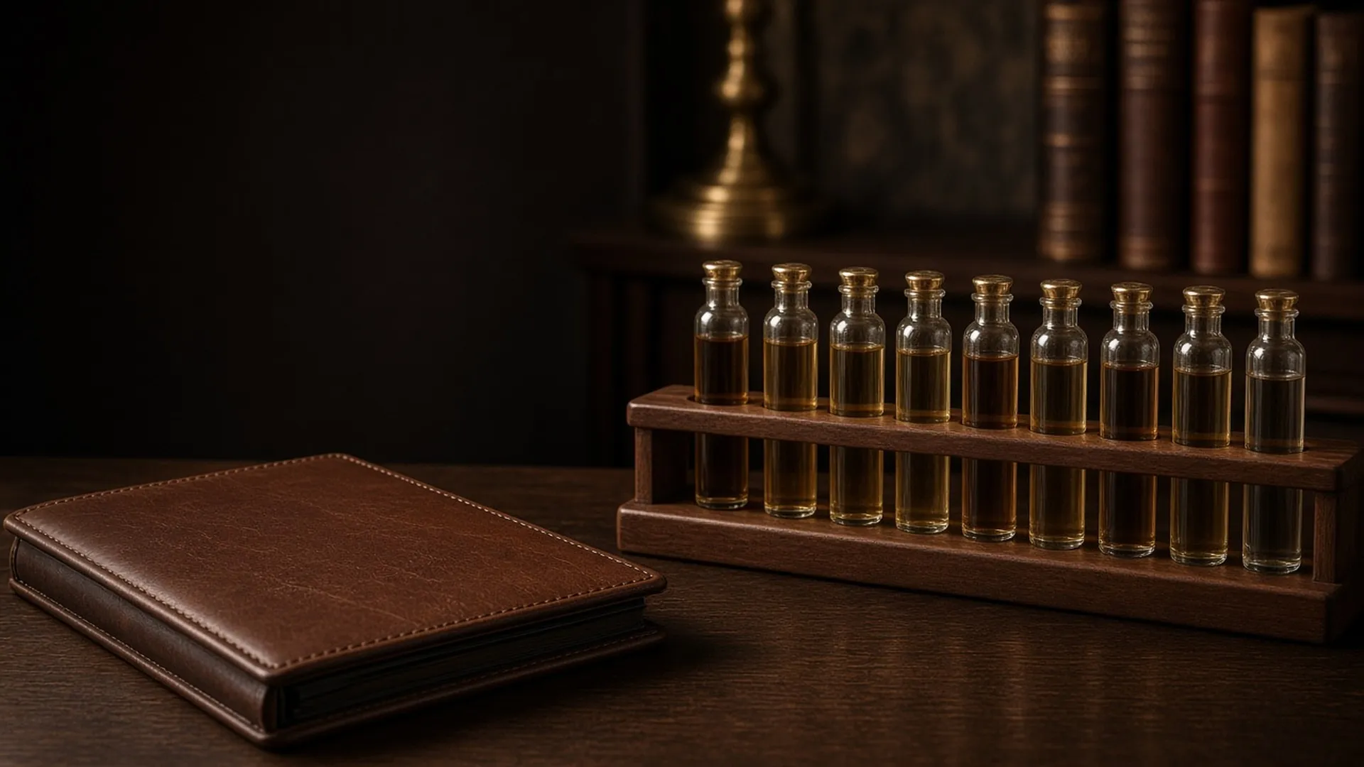 A closed leather folio and a row of unlabeled fragrance vials in a wooden rack on a desk