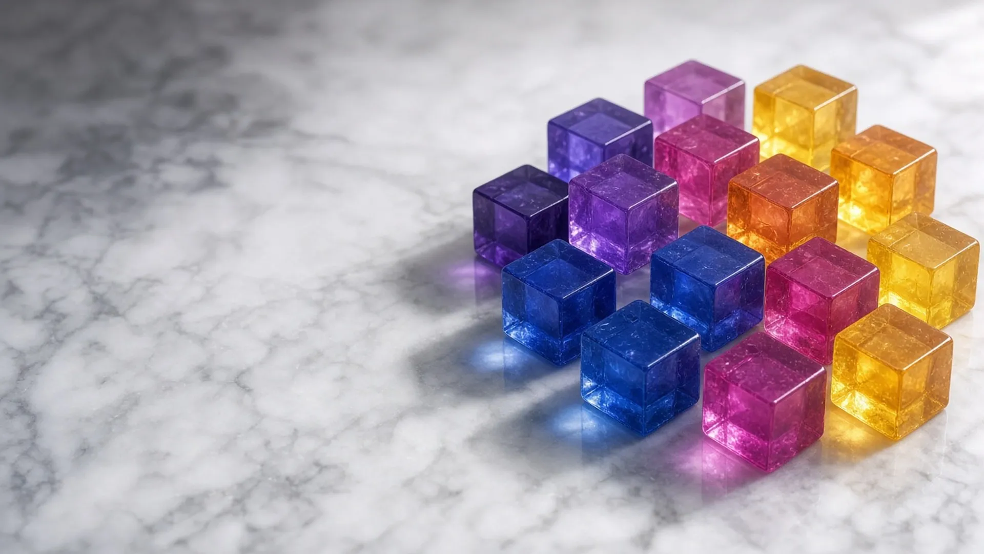 Translucent cubes of colored candle wax in jewel tones arranged in a gradient on white marble
