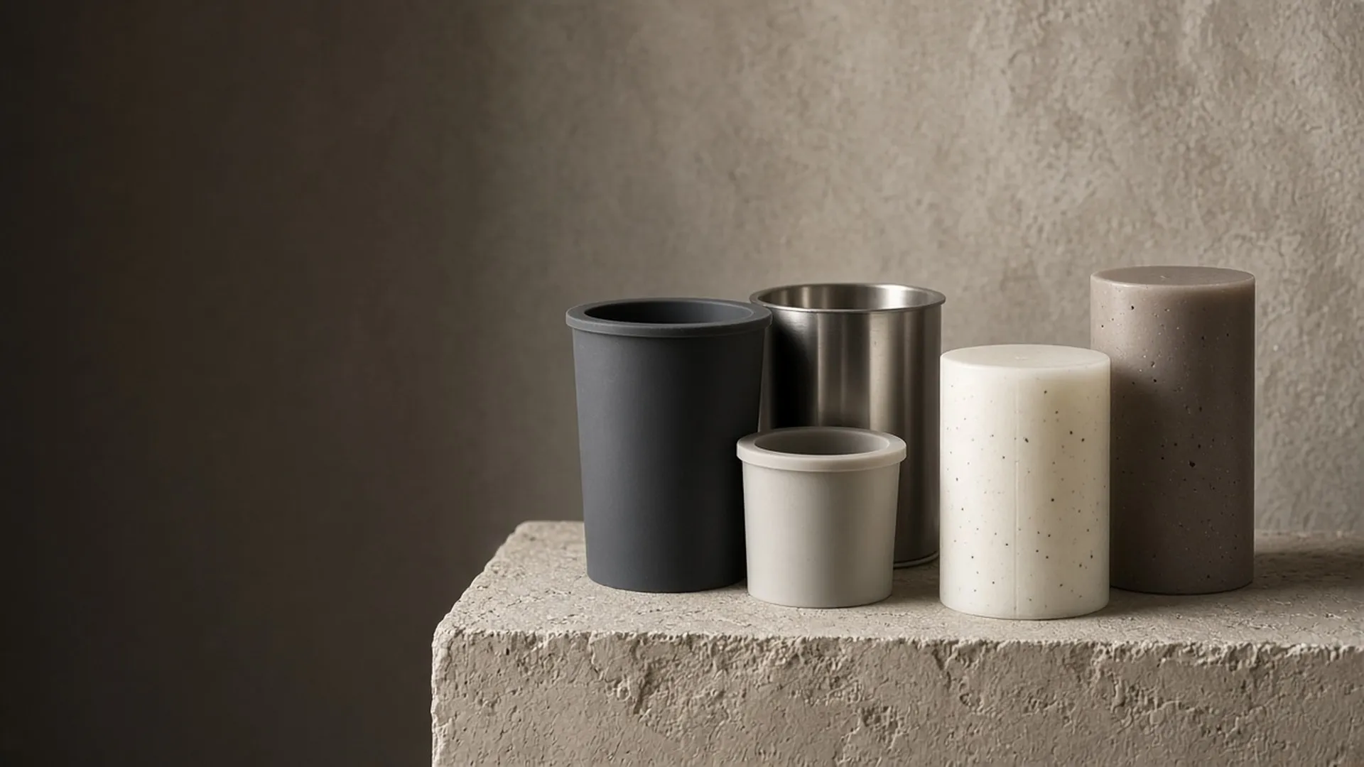 Silicone and metal pillar molds standing beside two unlit finished pillar candles on a plaster plinth