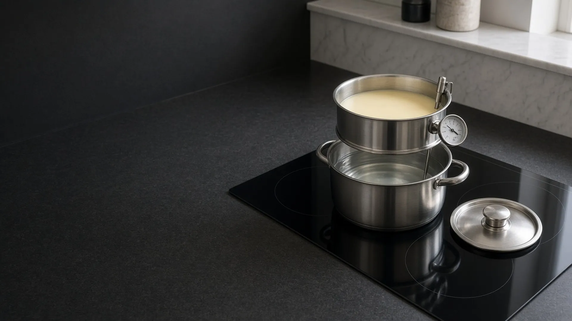 A stainless double boiler of melted pale wax on an electric hob that is switched off