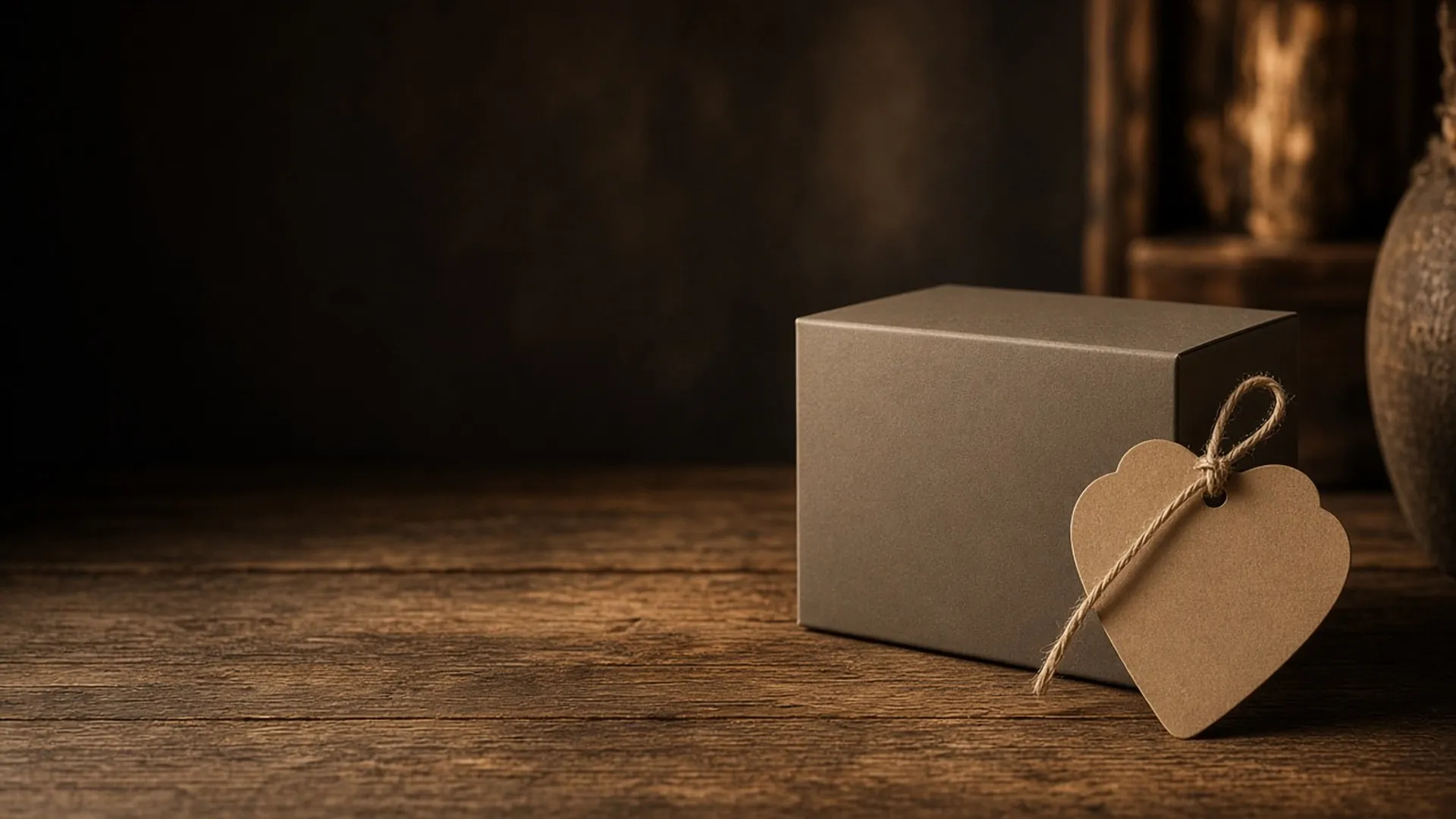 An unlit boxed candle and a blank kraft tag with no readable text tied with string