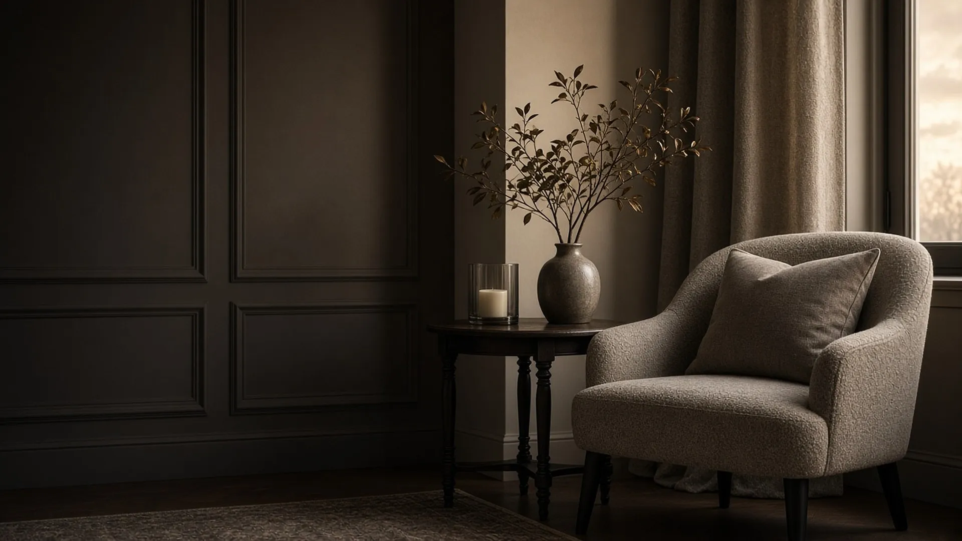 A quiet reading chair beside a side table holding an unlit candle in a glass holder