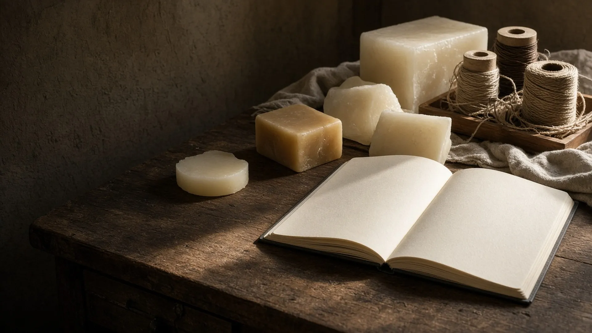 A sunlit workshop bench with wax blocks