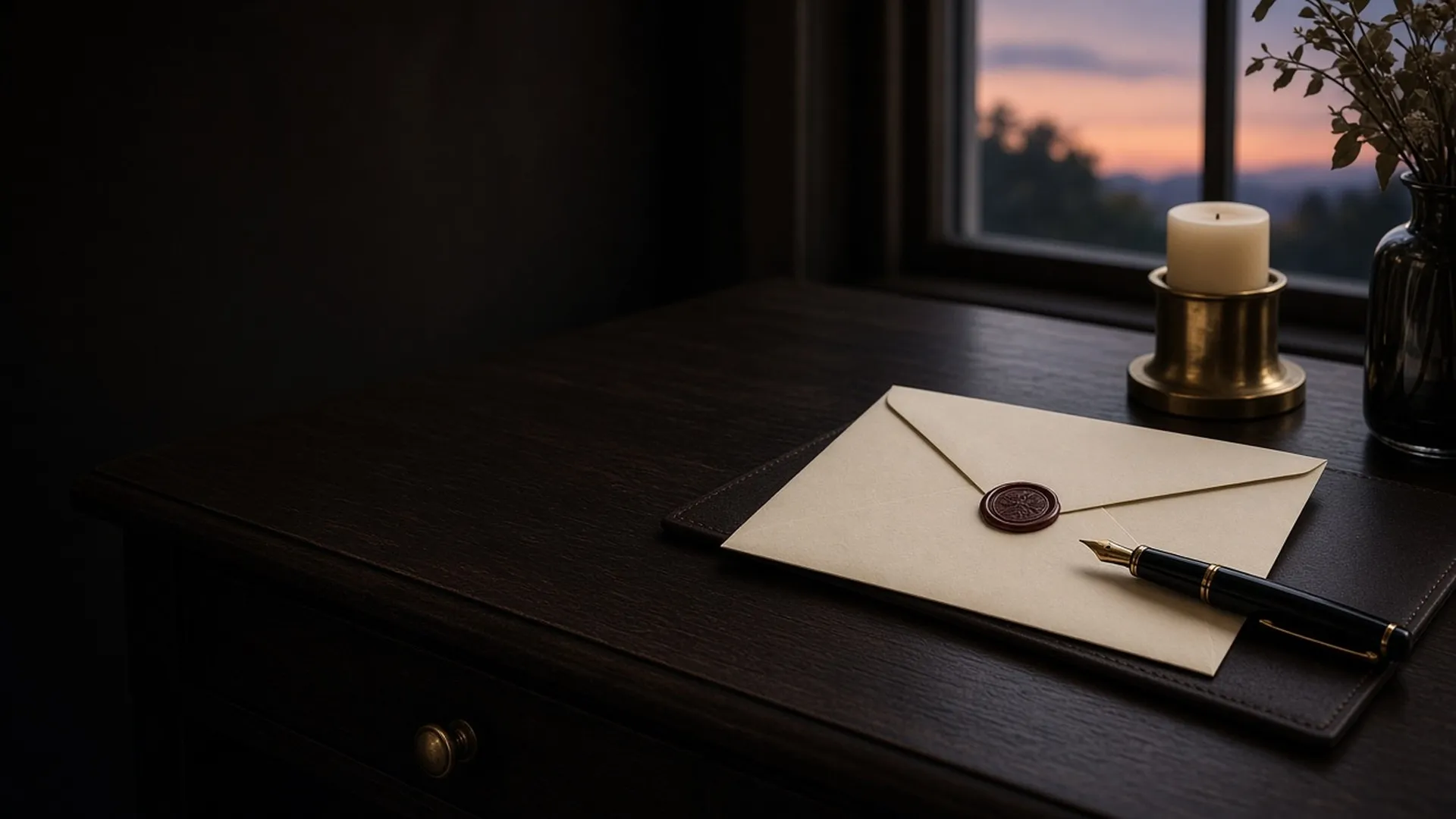 A writing desk with a sealed envelope and fountain pen beside an unlit candle
