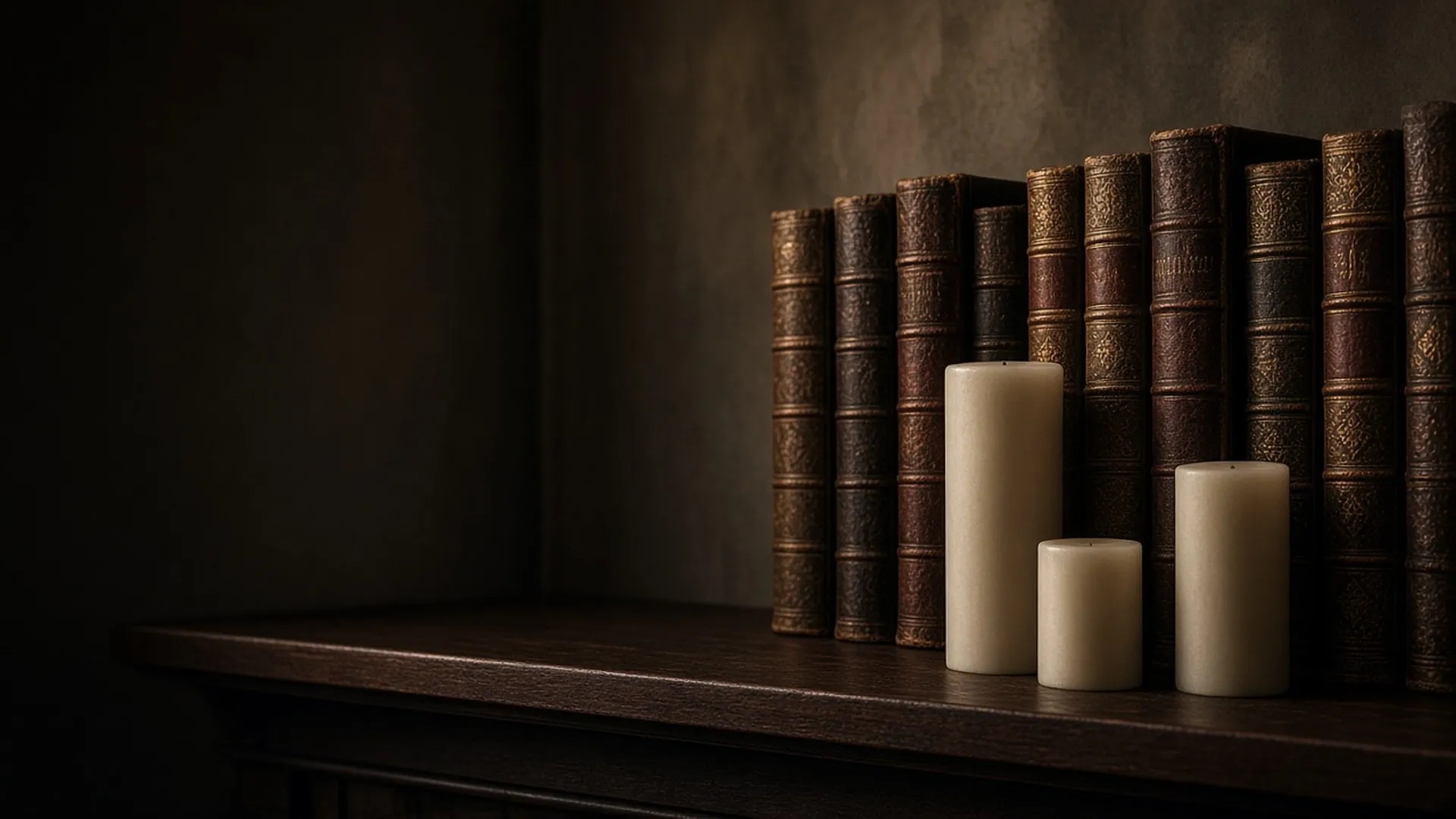 A shelf of leather-bound books with no readable spines beside unlit pillar candles