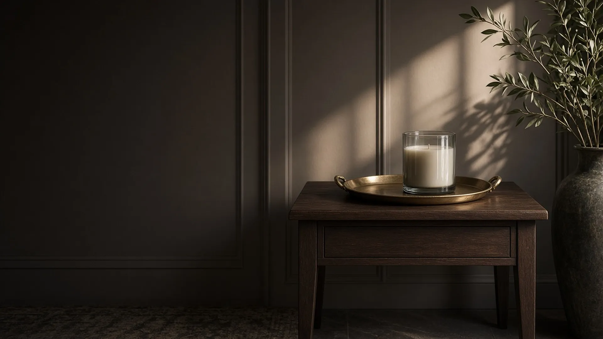 A small entry table with a brass tray and an unlit candle in a glass jar