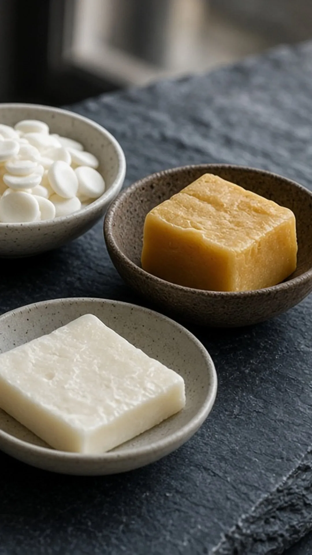 Four small ceramic dishes of different candle waxes