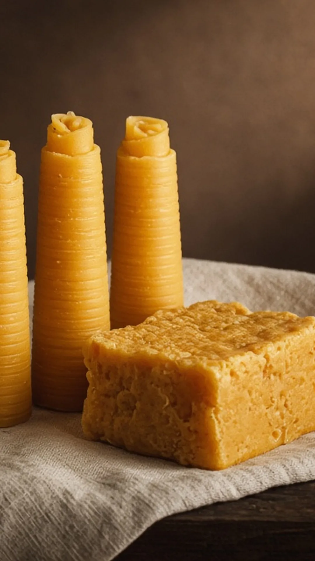 Rolled honey-colored beeswax tapers and a raw beeswax block on a linen runner