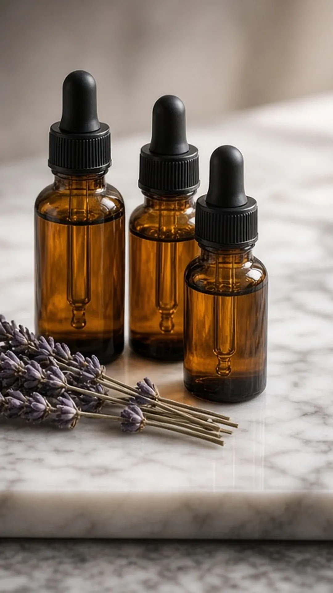Unlabeled amber fragrance oil bottles with glass droppers on a marble tray