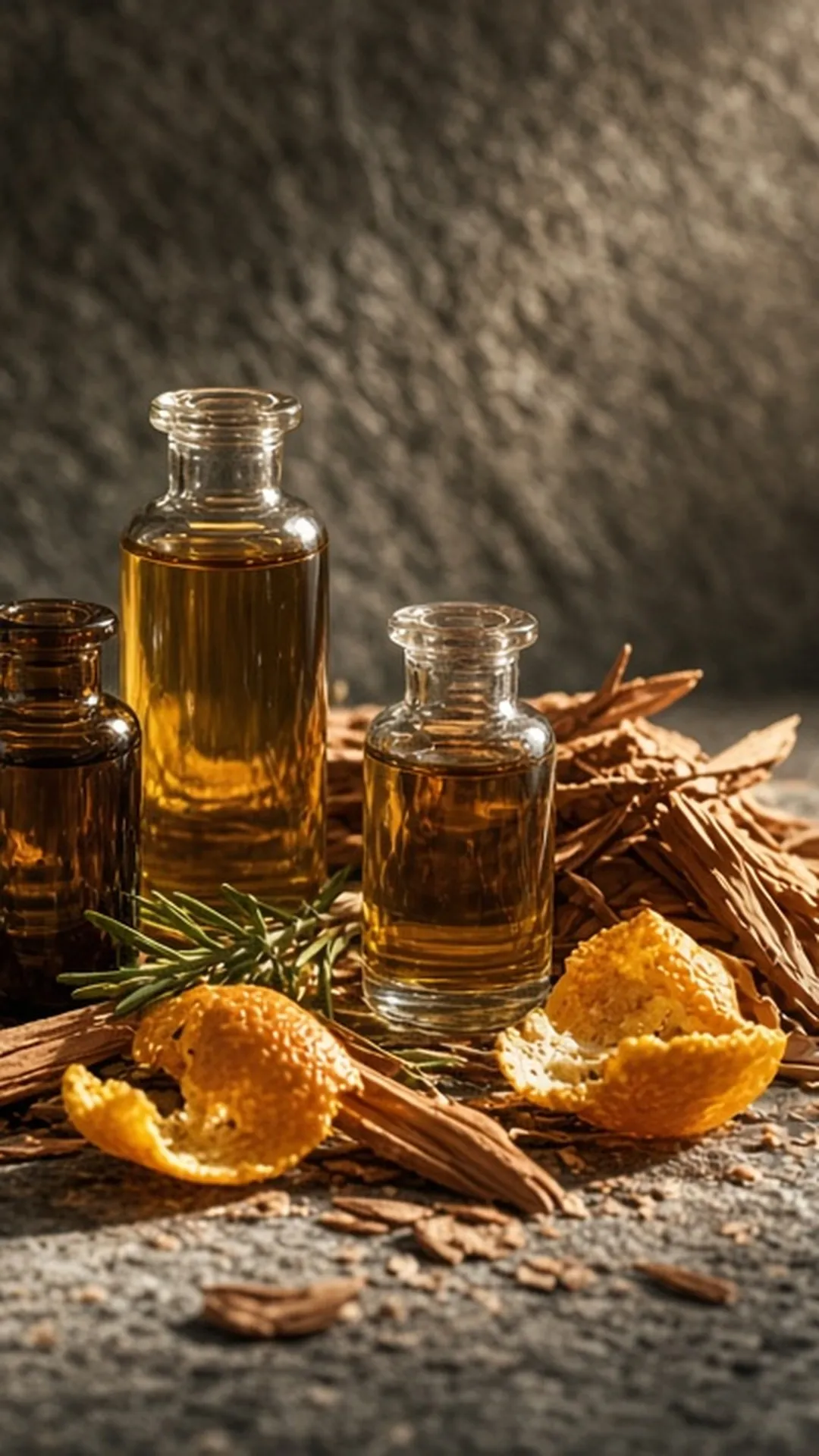 Small unlabeled glass bottles of essential oil among citrus peel