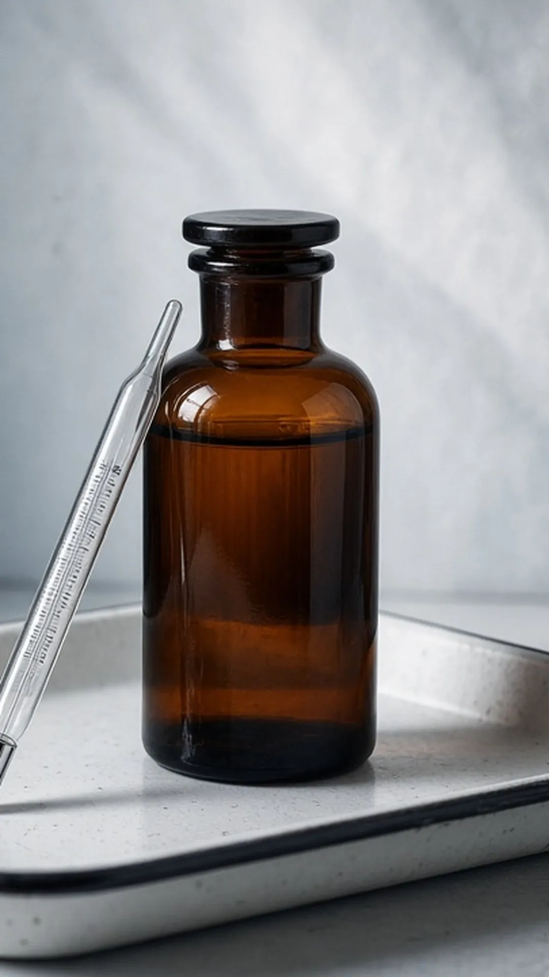 A glass laboratory thermometer resting beside a closed unlabeled amber bottle on a white enamel tray