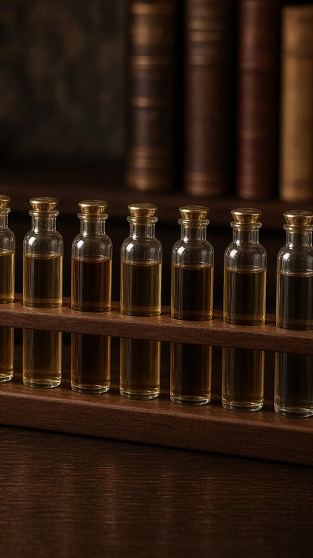 A closed leather folio and a row of unlabeled fragrance vials in a wooden rack on a desk