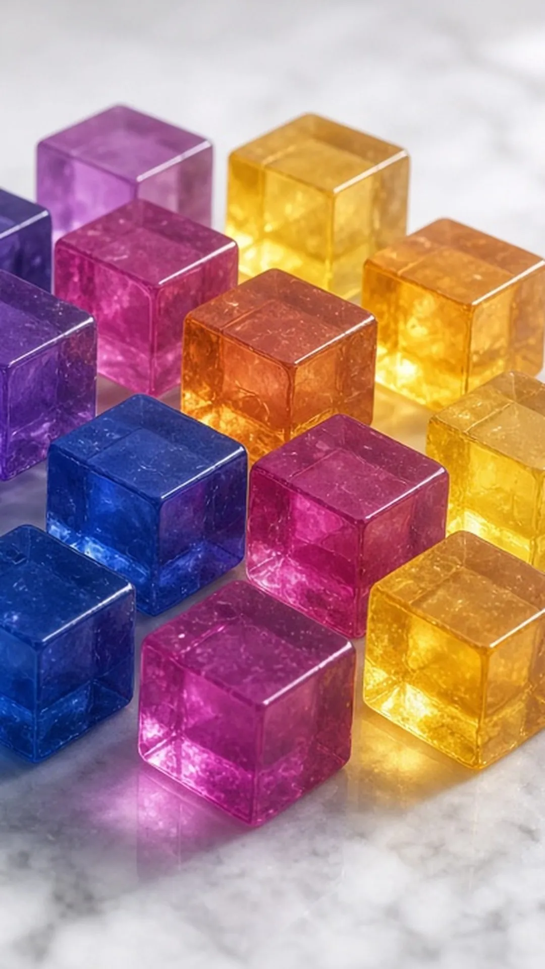 Translucent cubes of colored candle wax in jewel tones arranged in a gradient on white marble