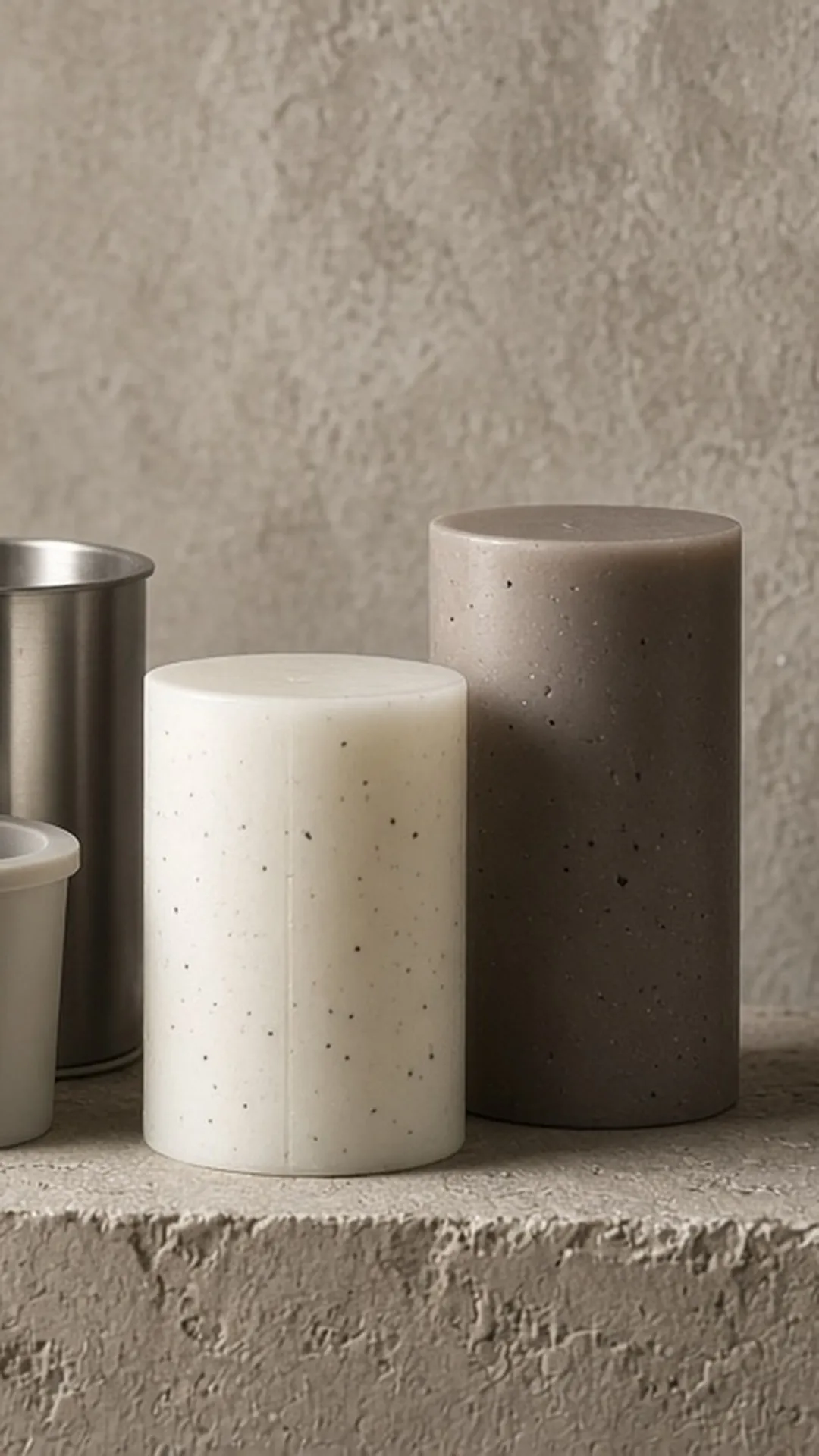 Silicone and metal pillar molds standing beside two unlit finished pillar candles on a plaster plinth