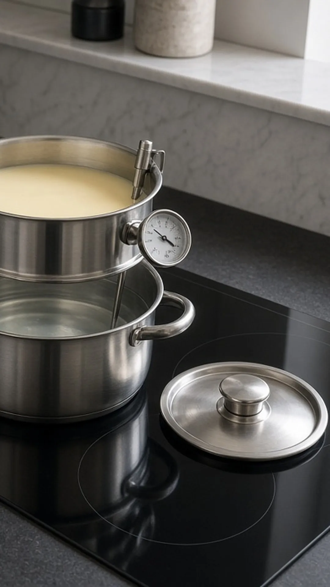 A stainless double boiler of melted pale wax on an electric hob that is switched off
