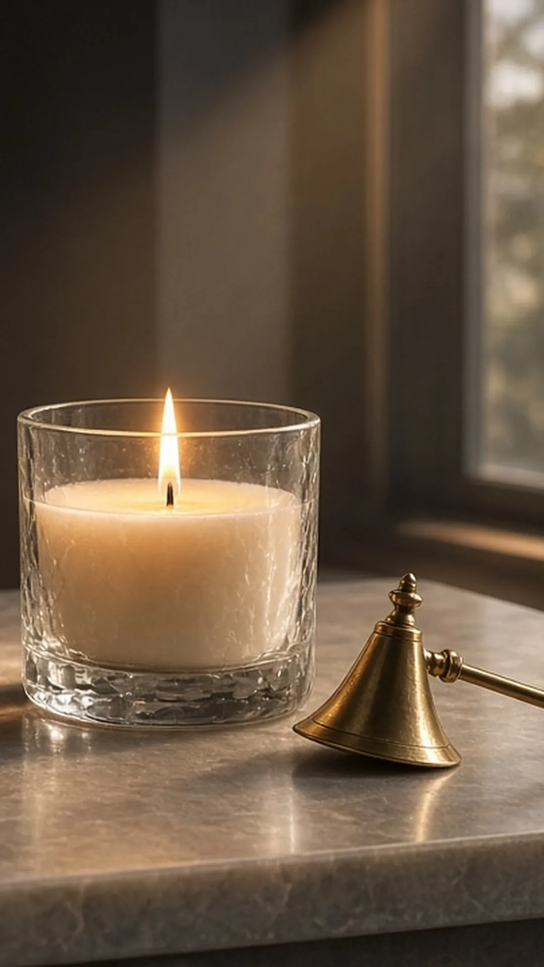 A single lit candle in a sturdy glass holder on a clear stone surface with wide empty space around it