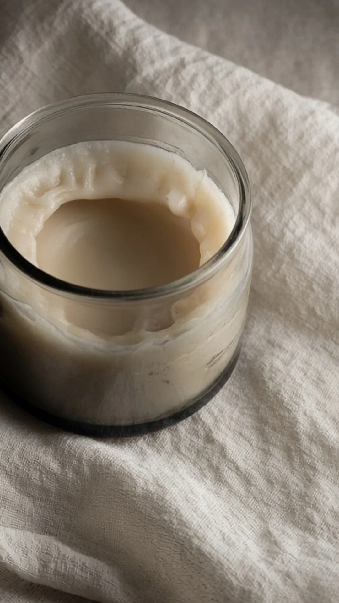 An unlit jar candle seen from above showing a tunnel of wax left on the sides