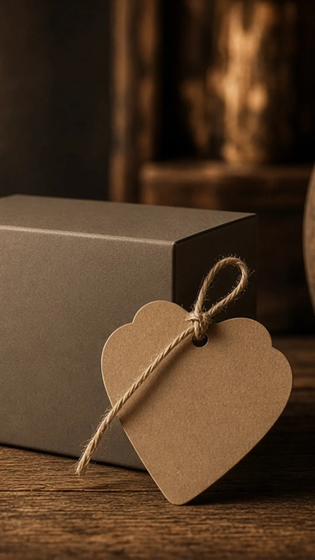 An unlit boxed candle and a blank kraft tag with no readable text tied with string