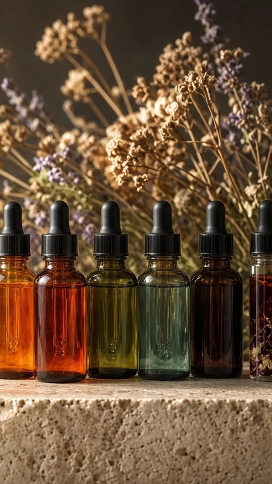 Small unlabeled amber dropper bottles and glass vials of colored candle dye in a row on a travertine ledge