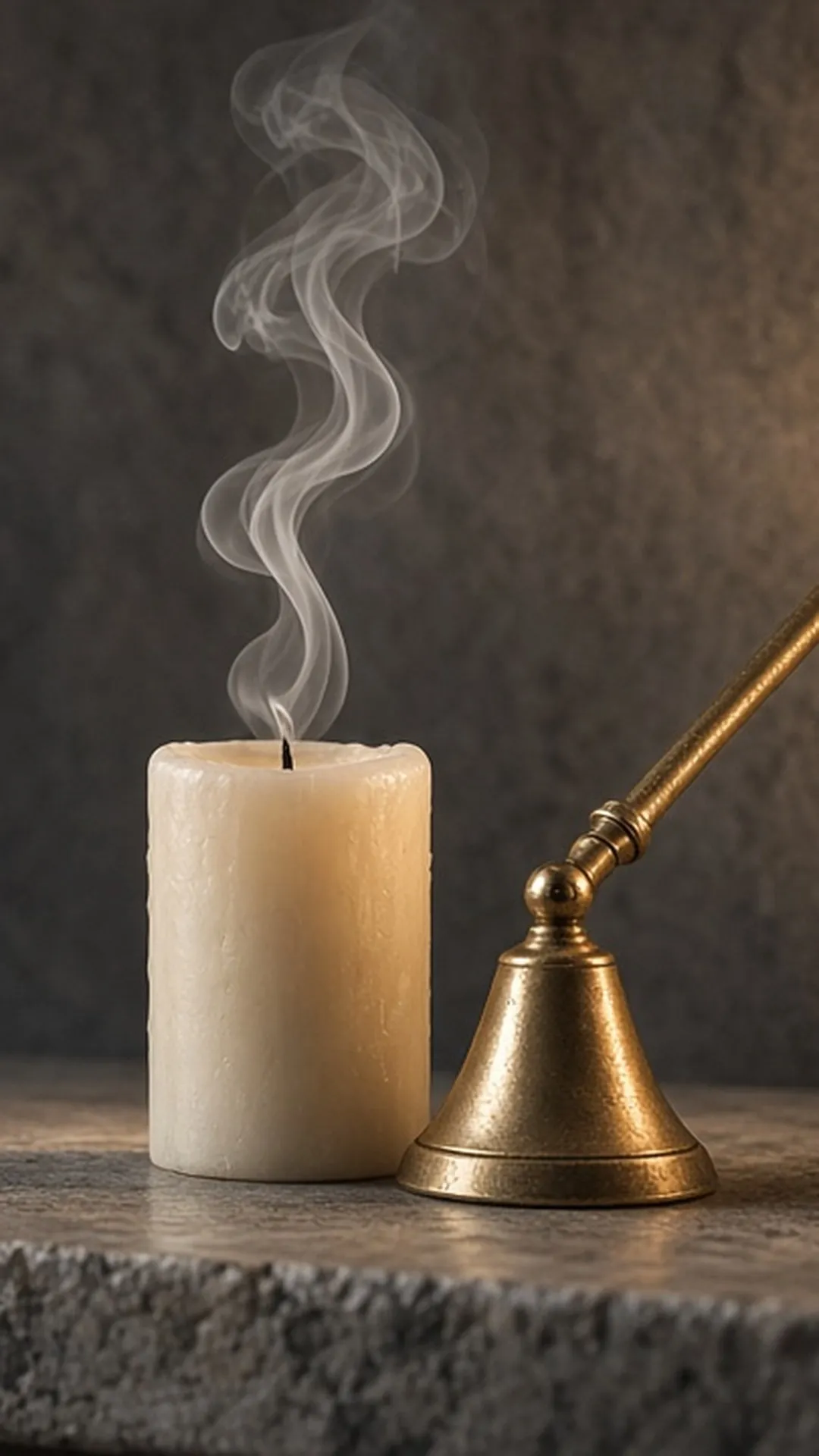A single extinguished pillar candle with a thin curl of smoke beside a brass snuffer on a stone mantel