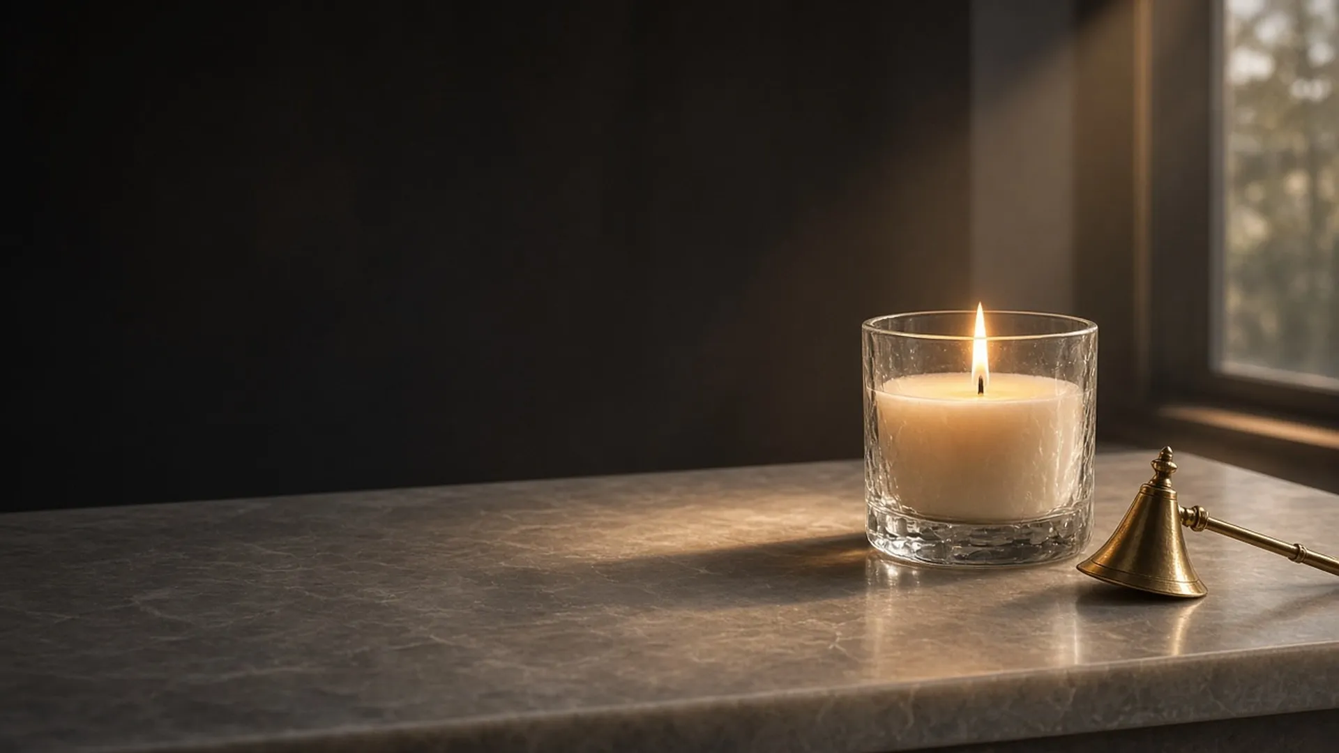 A single lit candle in a sturdy glass holder on a clear stone surface with wide empty space around it